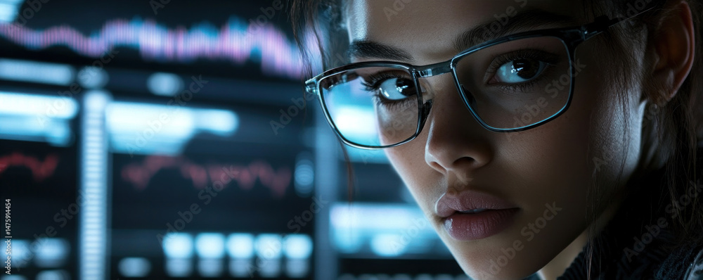 Poster a woman wearing glasses is staring at a computer screen with a lot of numbers and graphs. concept of