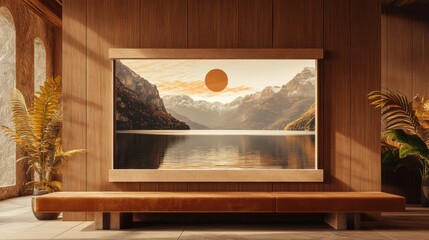 Interior design with mountain lake view; warm minimalist style; wood paneling; bench seating; golden light; serene atmosphere; modern aesthetic