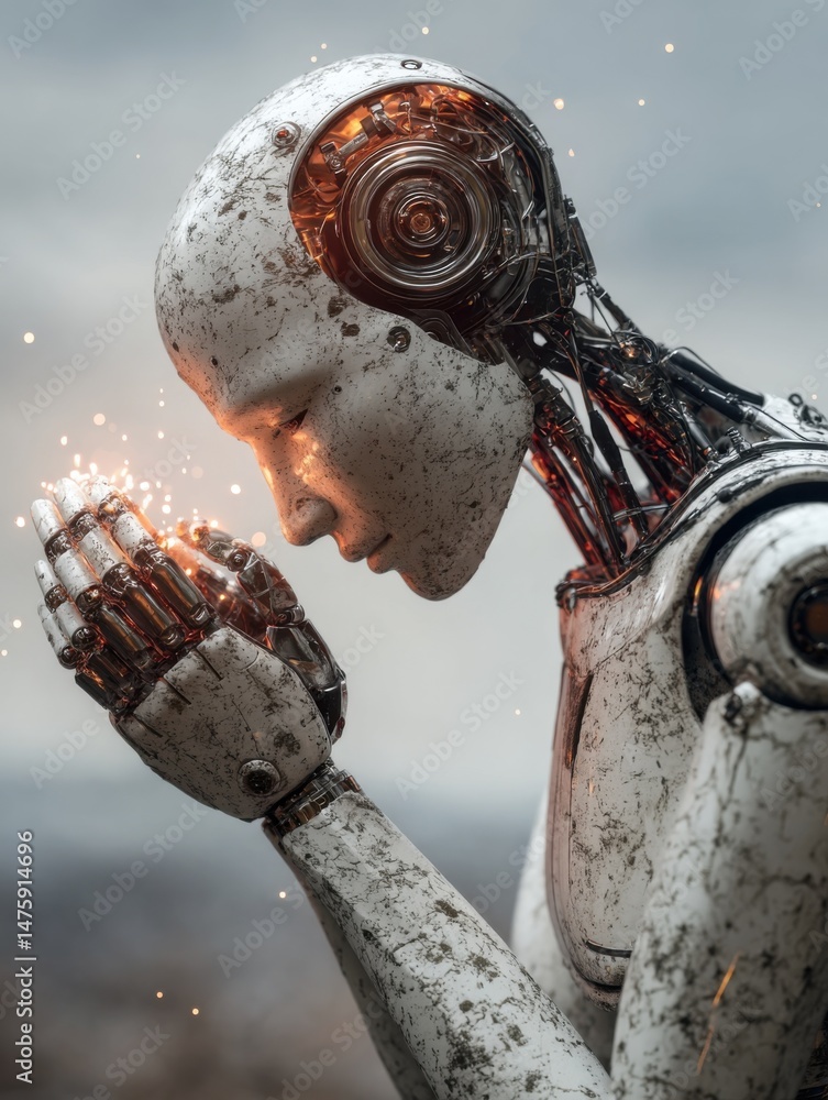 Aufkleber robot holding light in hands close up profile view thoughtful pose futuristic technology artificial 
