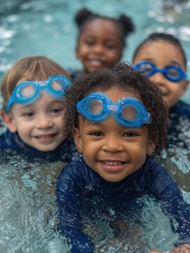 Smiling Children Swimming Together in Indoor Pool Wearing Goggles Close Up View Fun Activity Childhood