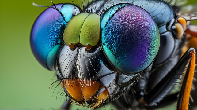 Extreme close-up of a fly's face, showcasing vibrant colors and intricate details.