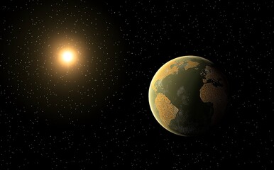 Obraz premium Abstract Earth planet with a sun and starry sky background, a realistic Earth in space. Elements of illustration by Cadmium HD.generative ai