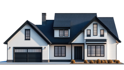 Modern farmhouse style home with dark trim and a dark roof