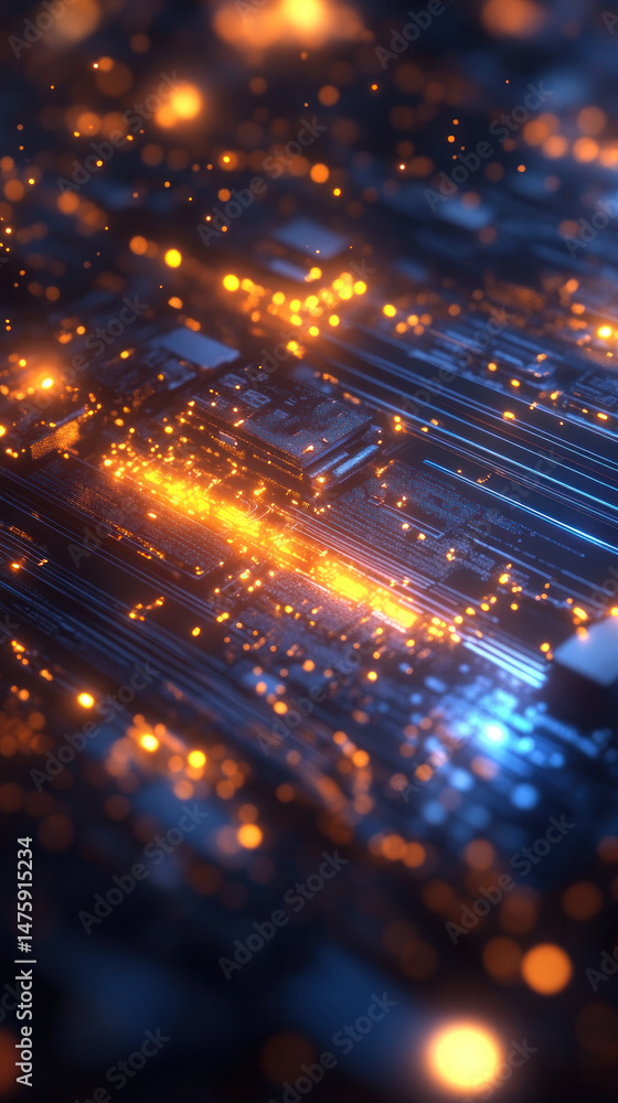 Poster a computer chip with a blue background and orange lights. the image is a close up of the chip and th
