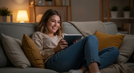 Relaxed evening at home with woman enjoying tablet on cozy sofa