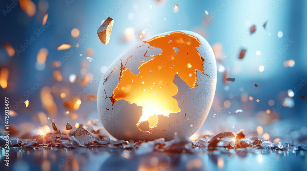 Poster a cracked eggshell with a light shining through it. the light is orange and the shell is broken. the