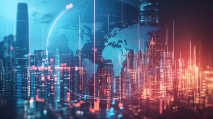 Global Network: Cityscape and World Map Overlay