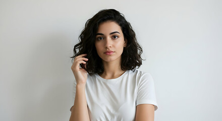 Fototapeta premium Confident young woman with dark curly hair wearing a white t shirt posing against a white background