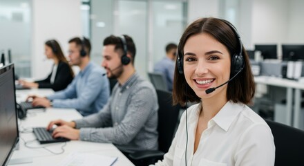 Professional team in modern office setting for customer support and service