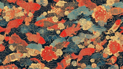 Intricate Japanese Koi Fish and Flower Pattern japanese patterns