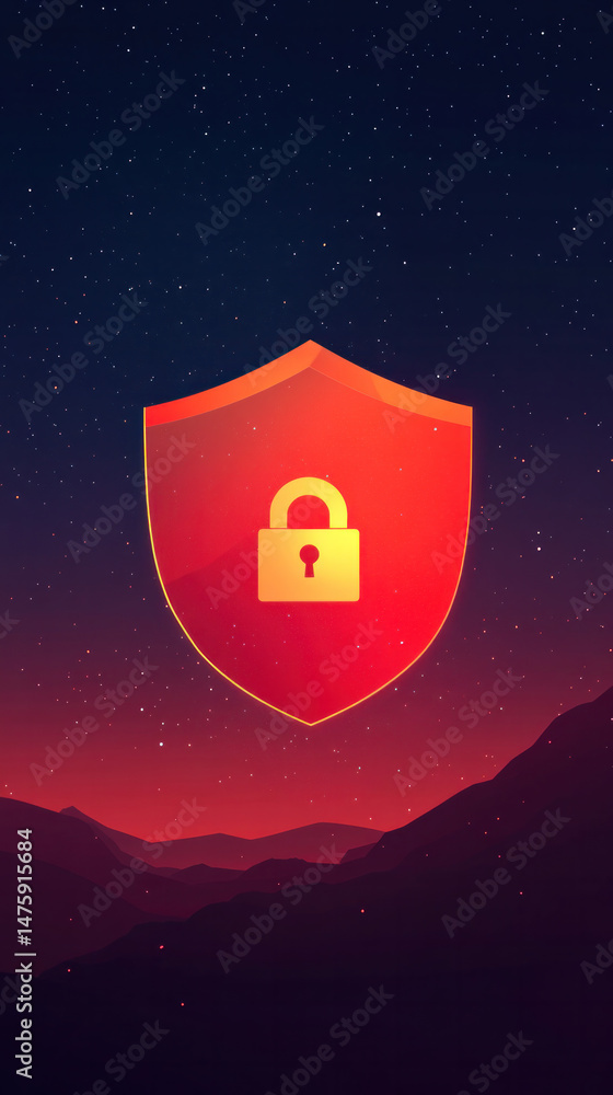 Poster a red shield with a keyhole in the middle. the shield is surrounded by mountains and stars