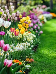 Vibrant flowerbed with tulips and daffodils in full bloom on a sunny day eye level shot in a garden
