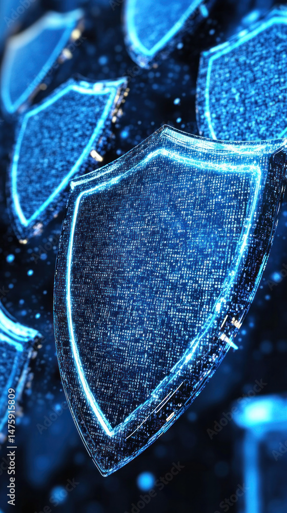 Poster a series of blue shields with a blue background. the shields are all different sizes and shapes. the