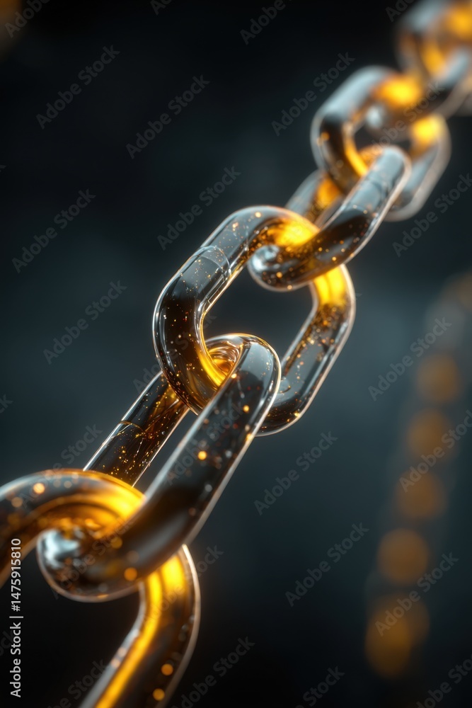 Poster close-up of black and gold chain links interlocking in a macro shot with dark background and bokeh e