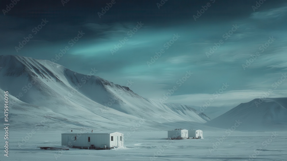 Poster snowy landscape featuring isolated structures in a frigid environment.