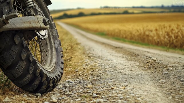 A motorcycle tire making its way down a quiet backroad in the countryside, with golden fields stretching out on either side.