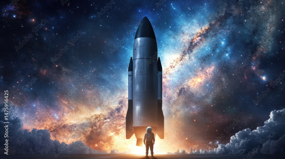 Poster a man in a spacesuit stands in front of a rocket in space. concept of adventure and exploration, as 