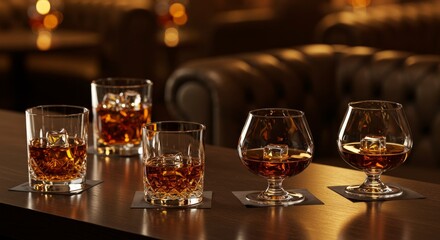 Obraz premium Collection of whiskey glasses with ice on elegant bar counter in cozy atmosphere