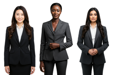 Three diverse adult women in professional business suits standing confidently against a black studio background