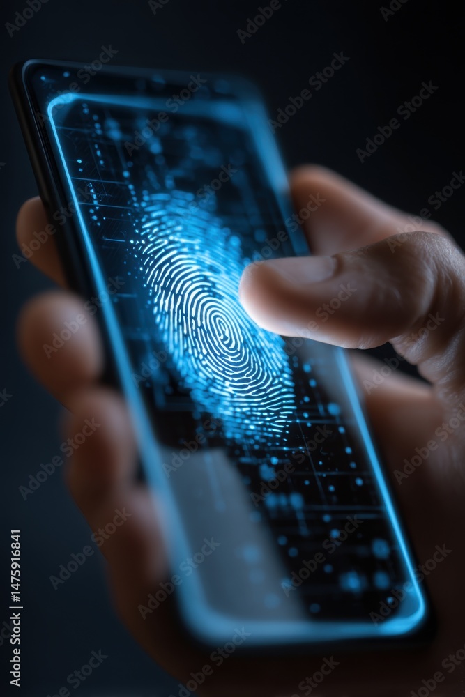 Poster finger scanning on smartphone for security authentication close up shot biometric identification sys