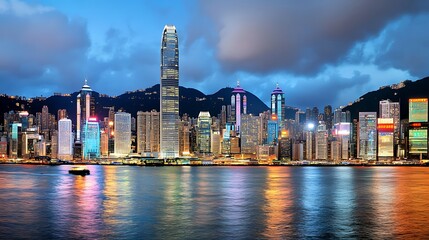 Naklejka premium Dynamic business district skyline at dusk ultra hd panoramic cityscape hong kong