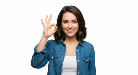 Obraz premium Happy young woman showing okay gesture positive attitude success agreement good job