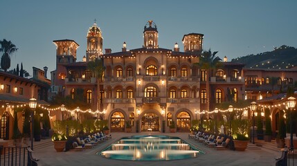 Fototapeta premium Luxurious Resort Illuminated At Night With Pool And String Lights