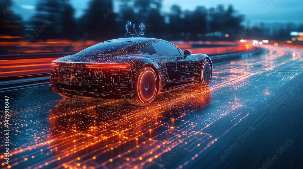Poster smart vehicle navigating a road embedded with dynamic digital pathways, ai signals, and real-time se