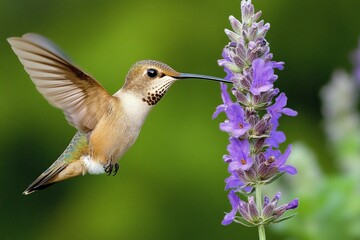 Close-up of a hummingbird hovering near a purple sage flower, with a soft green background and natural lighting. High-resolution photography.generative ai