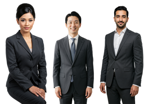 Three diverse young adult professionals, including an Asian woman, an East Asian man, and a Middle Eastern man, posing in dark grey business suits against a transparent background. - Powered by Adobe