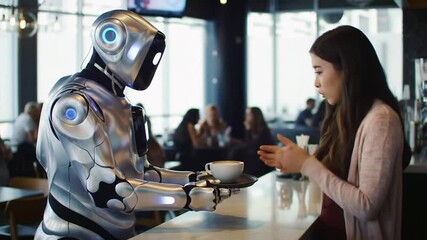 Futuristic Cafe Scene: Robot Waiter Serving Coffee to a Customer Indoors - Powered by Adobe