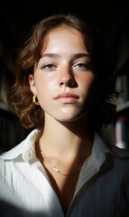 Fototapeta premium Cinematic Back-to-School Chiaroscuro Gen Z Academic Mood Portrait with Golden Light Storytelling for Digital Branding and Creative Inspiration