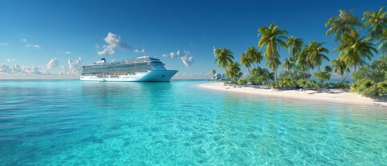 Fototapeta premium Cruise ship anchored offshore of tropical island paradise with palm trees and turquoise water scenic summer holiday destination aerial view