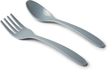 close-up of plastic fork and spoon isolated white background with shadows, used for eating food on...