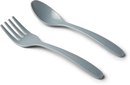 close-up of plastic fork and spoon isolated white background with shadows, used for eating food on the go like picnics, parties or fast food meals