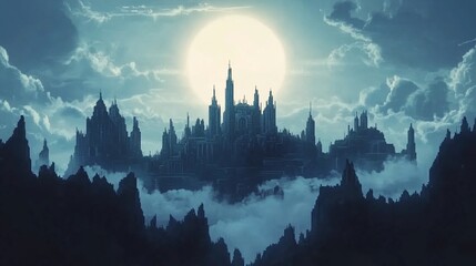 Obraz premium Mystical Moonlight Cityscape: A Gothic Metropolis in Ethereal Light