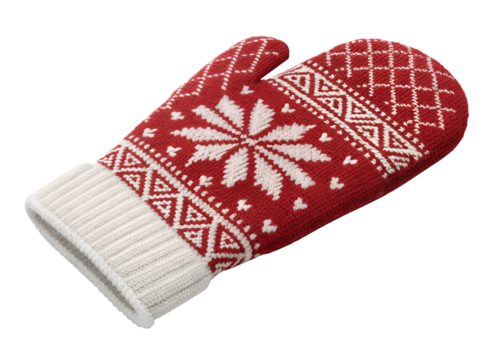Close up of a red and white knitted mitten with snowflake and geometric patterns on transparent background