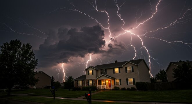 Dramatic lightning storm over suburban house at night