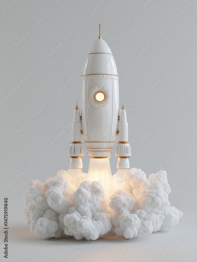 Poster White Rocket Launching with Clouds of Smoke Studio Shot on White Background Space Exploration Concept