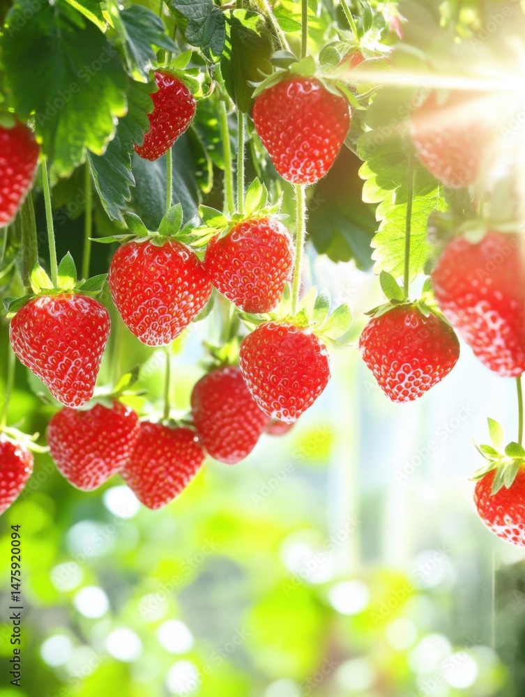 Aufkleber fresh strawberries hanging in sunlight close up view of ripe red fruit growing in garden patch on a 