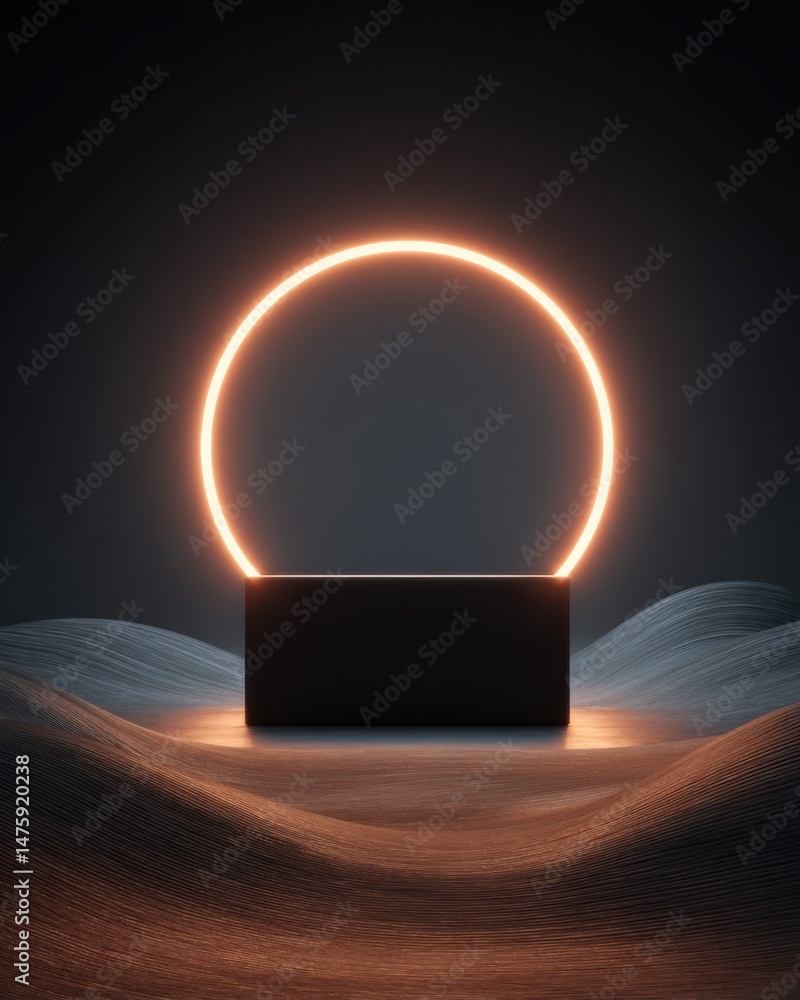 Poster minimalist product display with neon circle light on wavy surface studio shot for product presentati