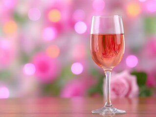 Rose Wine in Glass on Wooden Table with Pink Floral Bokeh Background Romantic Elegant Still Life Close Up