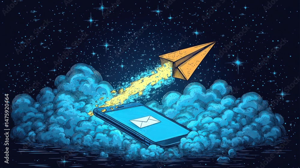 Poster nightly message delivery. paper airplane carrying a message from a phone in the clouds