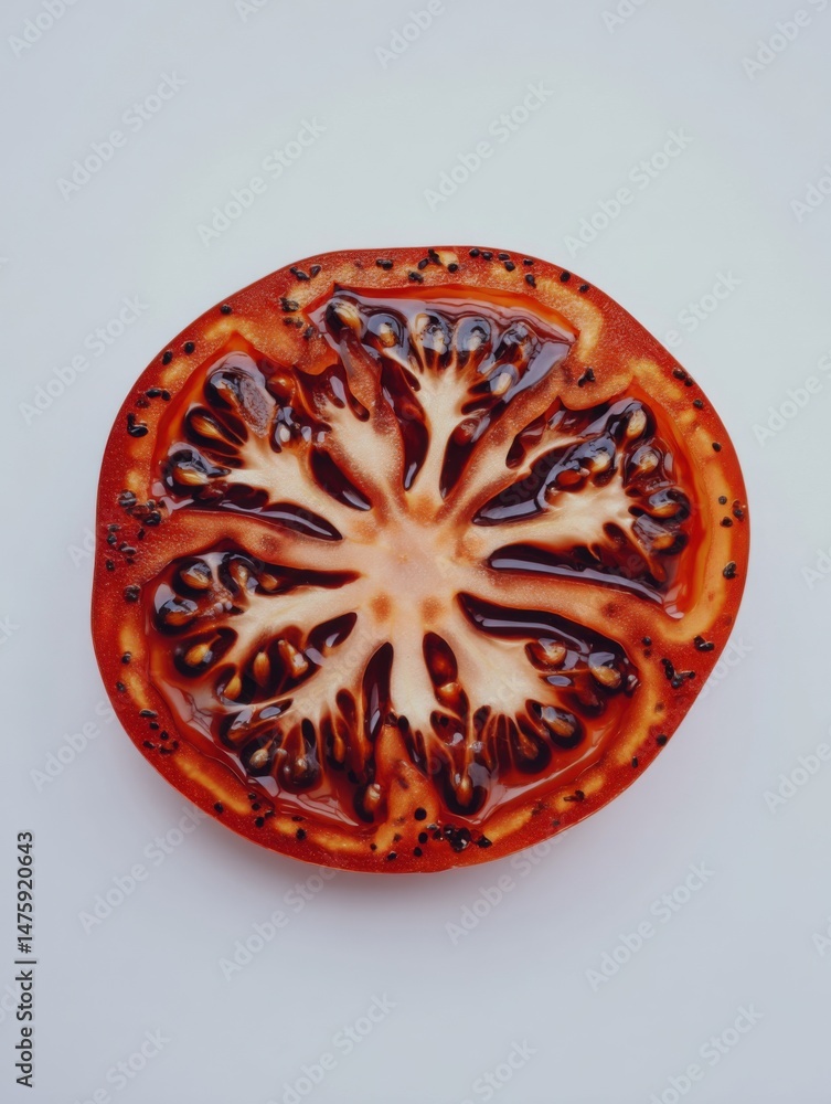 Poster heirloom tomato slice close up showing seeds and interior structure on white background studio shot