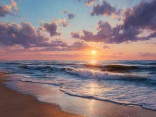 Serene beach at sunset with waves breaking on the shore and colorful clouds filling the sky landscape view