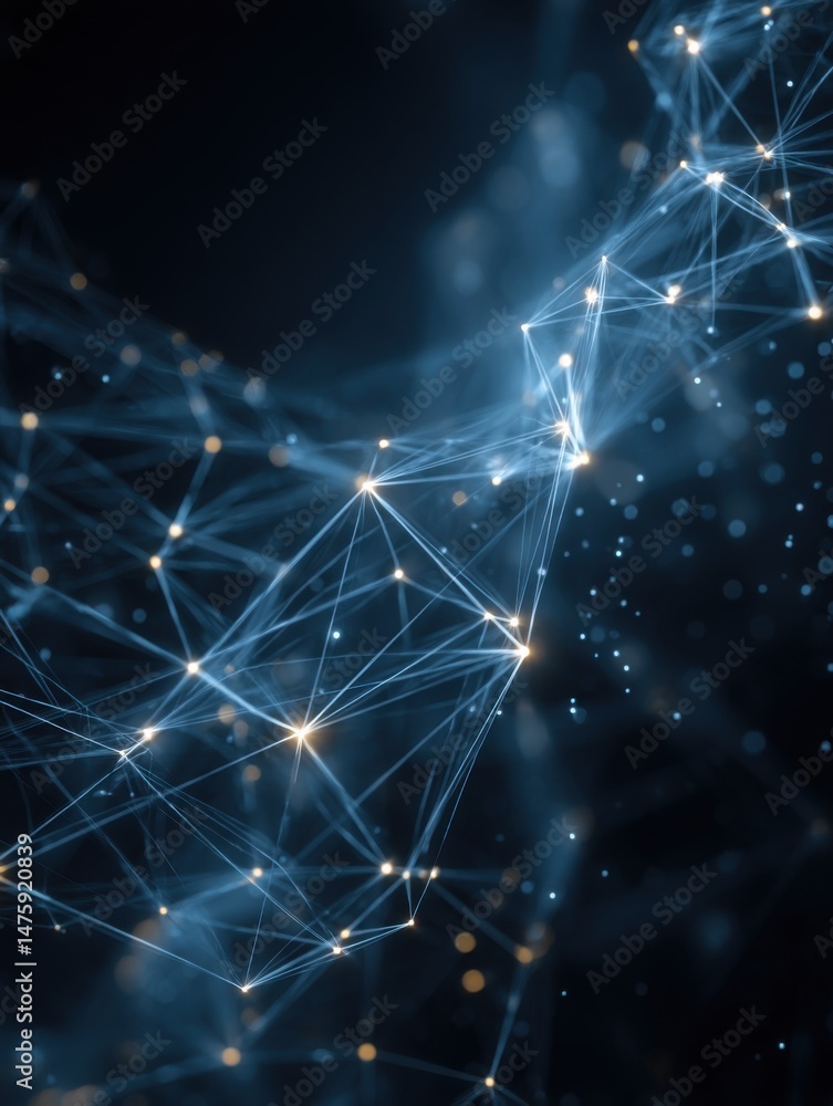 Fototapete Abstract Network Connection Plexus Structure with Glowing Nodes and Lines in Dark Blue Background Close Up