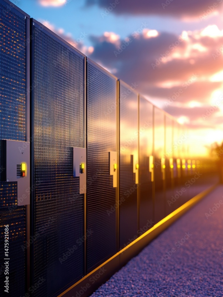 Leinwandbilder Data center servers running at sunset low angle shot showing row of computer racks in cloud computing facility