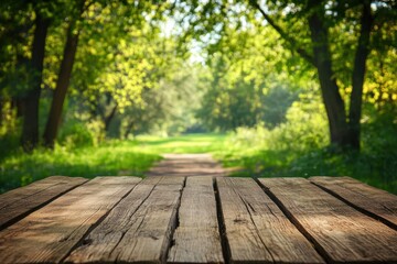 Fototapeta premium Rustic wooden table overlooking a sunlit path through a lush green forest in springtime, eye-level perspective, tranquil scene