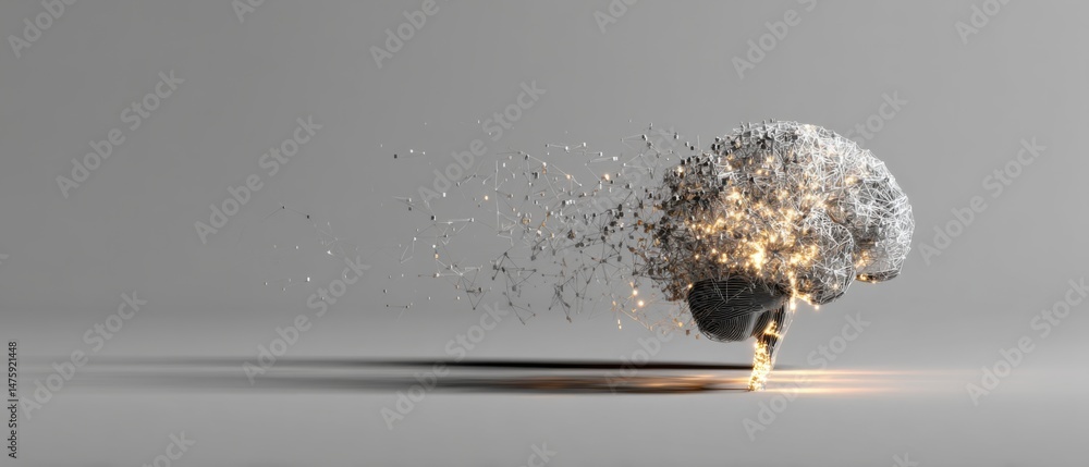 Leinwandbilder Conceptual Wireframe Brain Disintegrating with Glowing Nodes on Gray Background Studio Shot for Science and Technology