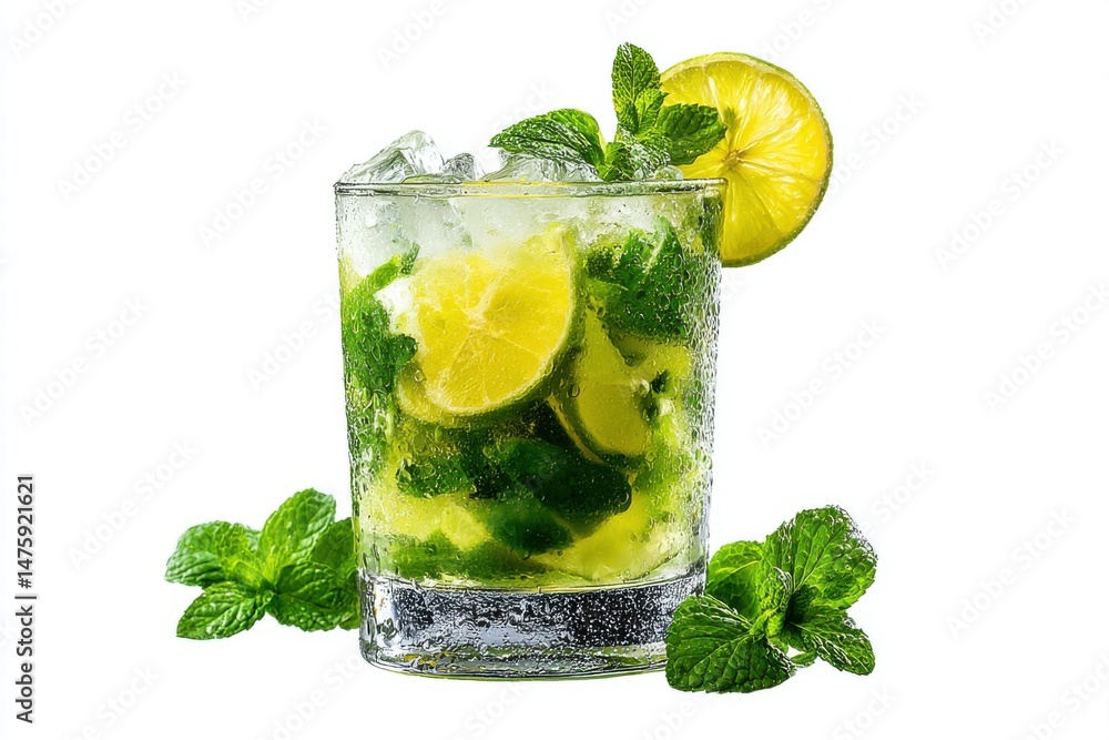 Aufkleber refreshing mojito cocktail close up studio shot on white background with mint and lime slices in a c